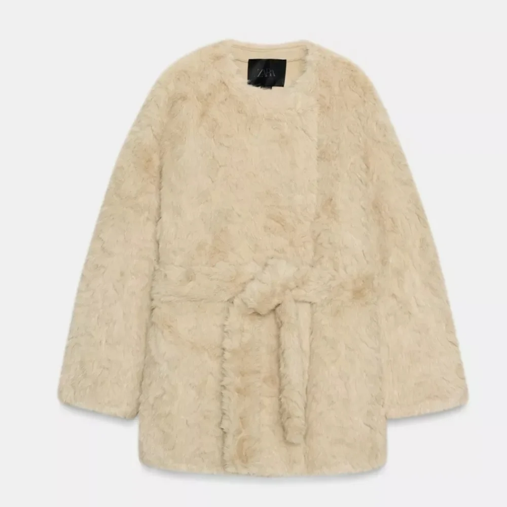 ZARA FAUX FUR BELTED COAT CREAM SIZE XL